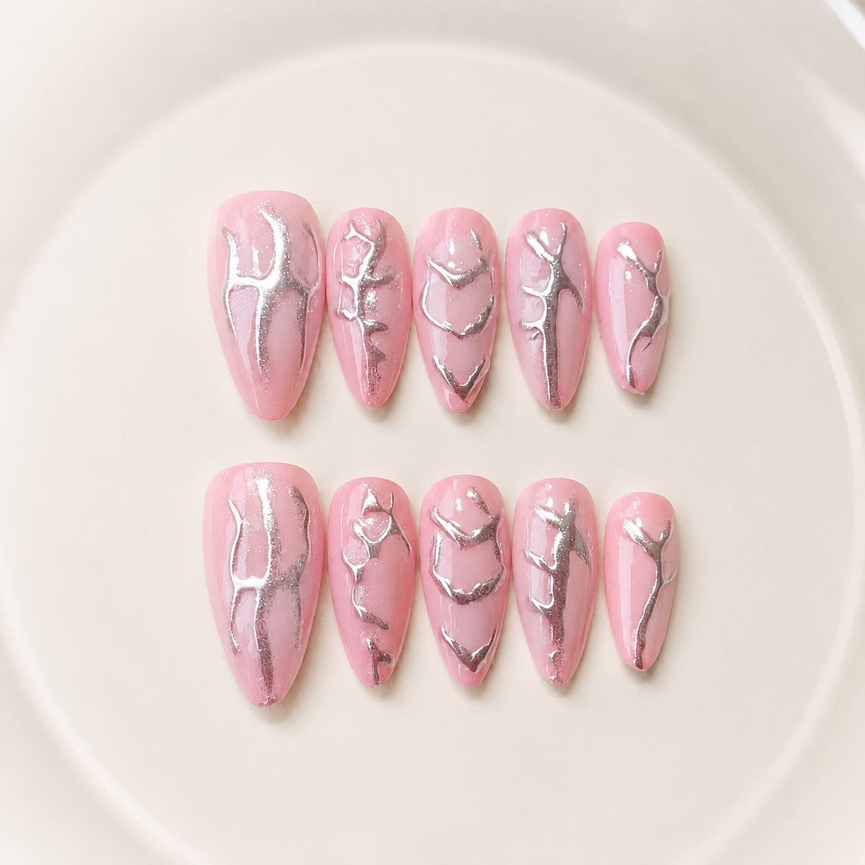 Handmade nude pink press on nails medium almond silver 3D embossed texture nail art glossy chrome accent nail set-Pink Chrome Vein A064