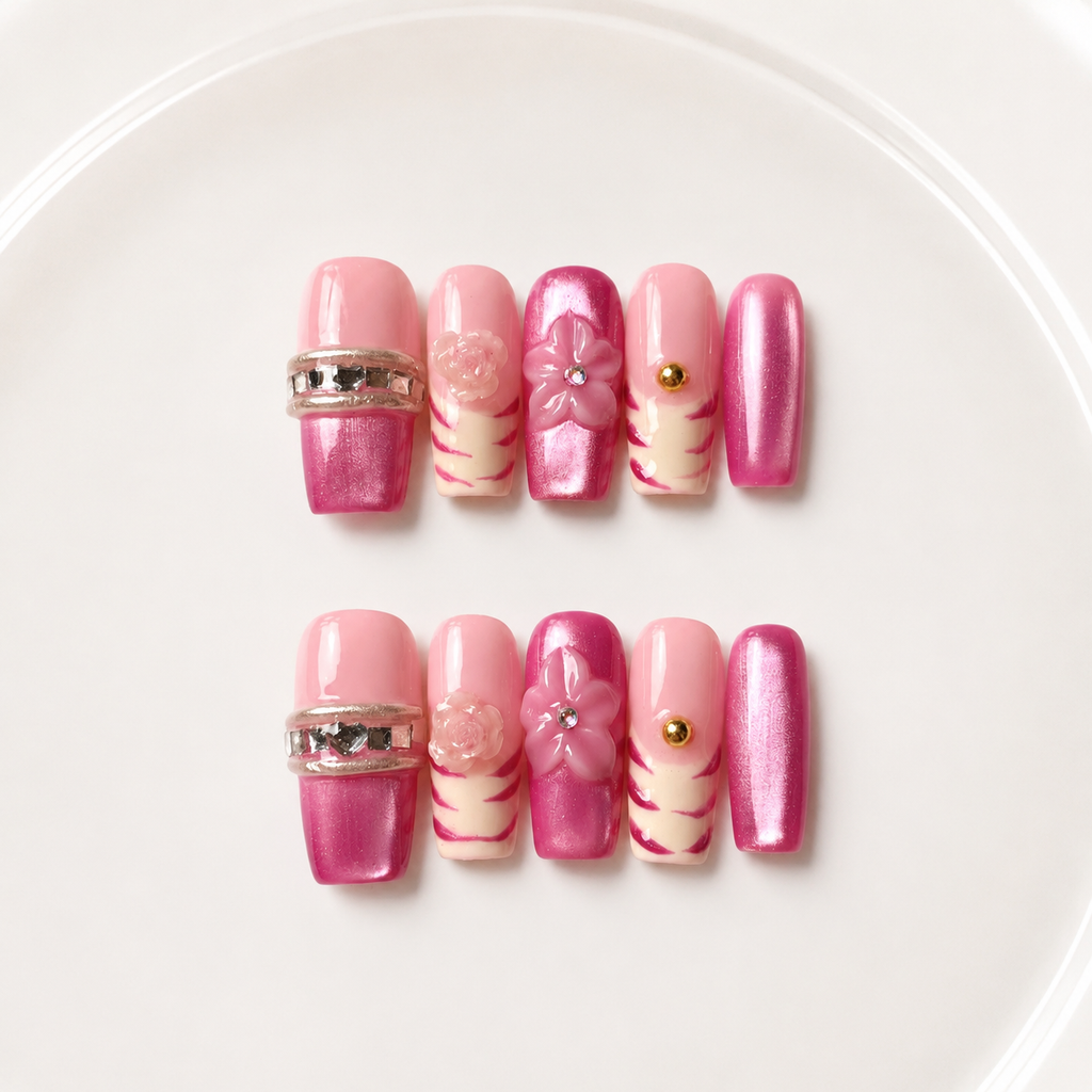 Handmade medium coffin rose pink cat eye press on nails medium coffin french tip 3D flower-Berry Glow A057