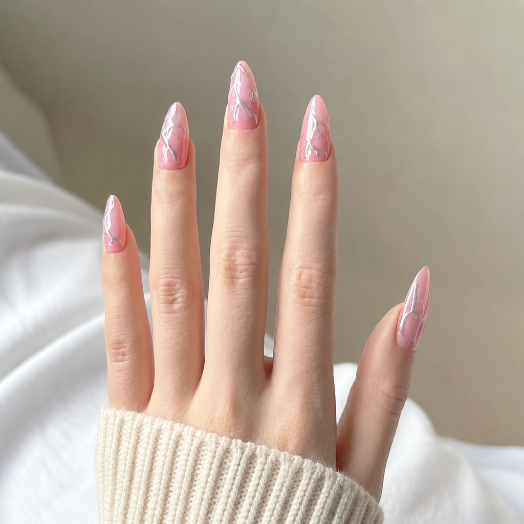 Handmade nude pink press on nails medium almond silver 3D embossed texture nail art glossy chrome accent nail set-Pink Chrome Vein A064