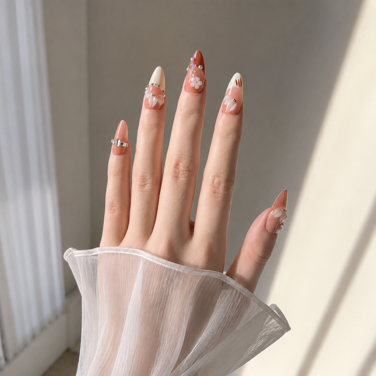 Handmade nude brown medium almond press on nails french tip fake nails with 3D floral design autumn brown-Nude Blossom A062