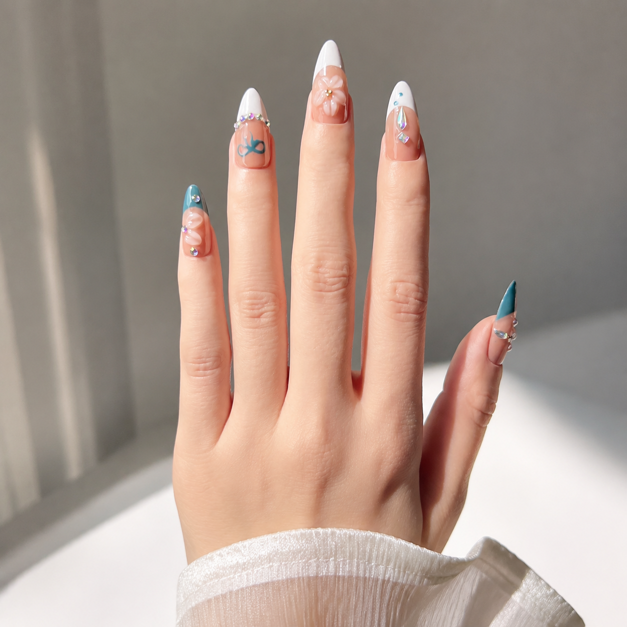 Handmade medium almond nude teal french press on nails 3D flower rhinestone nail set-Coral Breeze A059