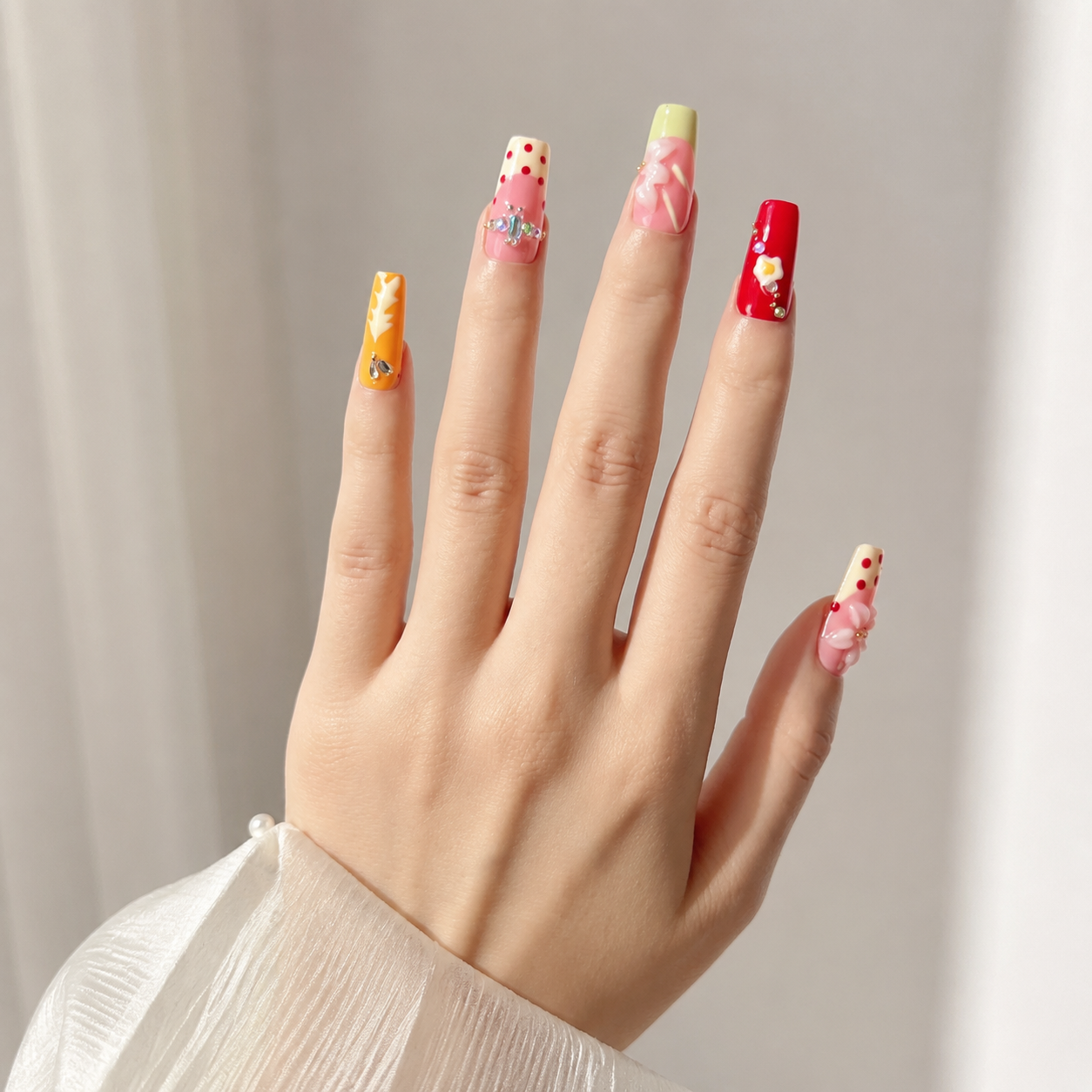 Handmade candy pop french graffiti press on nails 3D flower design medium coffin-Daisy Pop Art A060