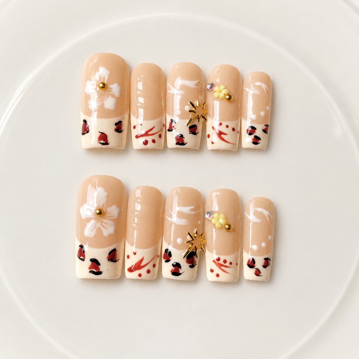 Handmade medium coffin nude leopard french press on nails 3D floral design-Wild Terra A058