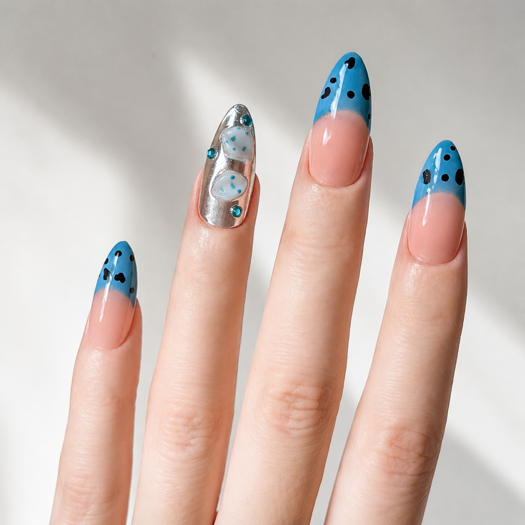 Handmade blue french tip press on nails medium almond 3D white flower rhinestone silver accent custom nail art-Ocean Dots A063