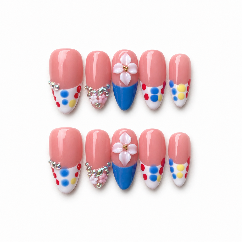 Handmade nude pink press on nails medium almond hand-painted french dots nail art color block abstract tip design rhinestone accent-Bubblegum Color A065
