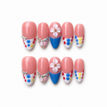 Handmade nude pink press on nails medium almond hand-painted french dots nail art color block abstract tip design rhinestone accent-Bubblegum Color A065