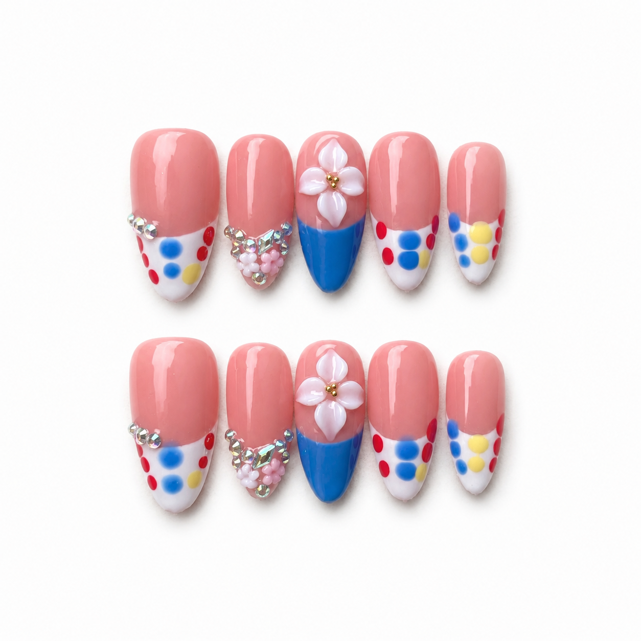 Handmade nude pink press on nails medium almond hand-painted french dots nail art color block abstract tip design rhinestone accent-Bubblegum Color A065