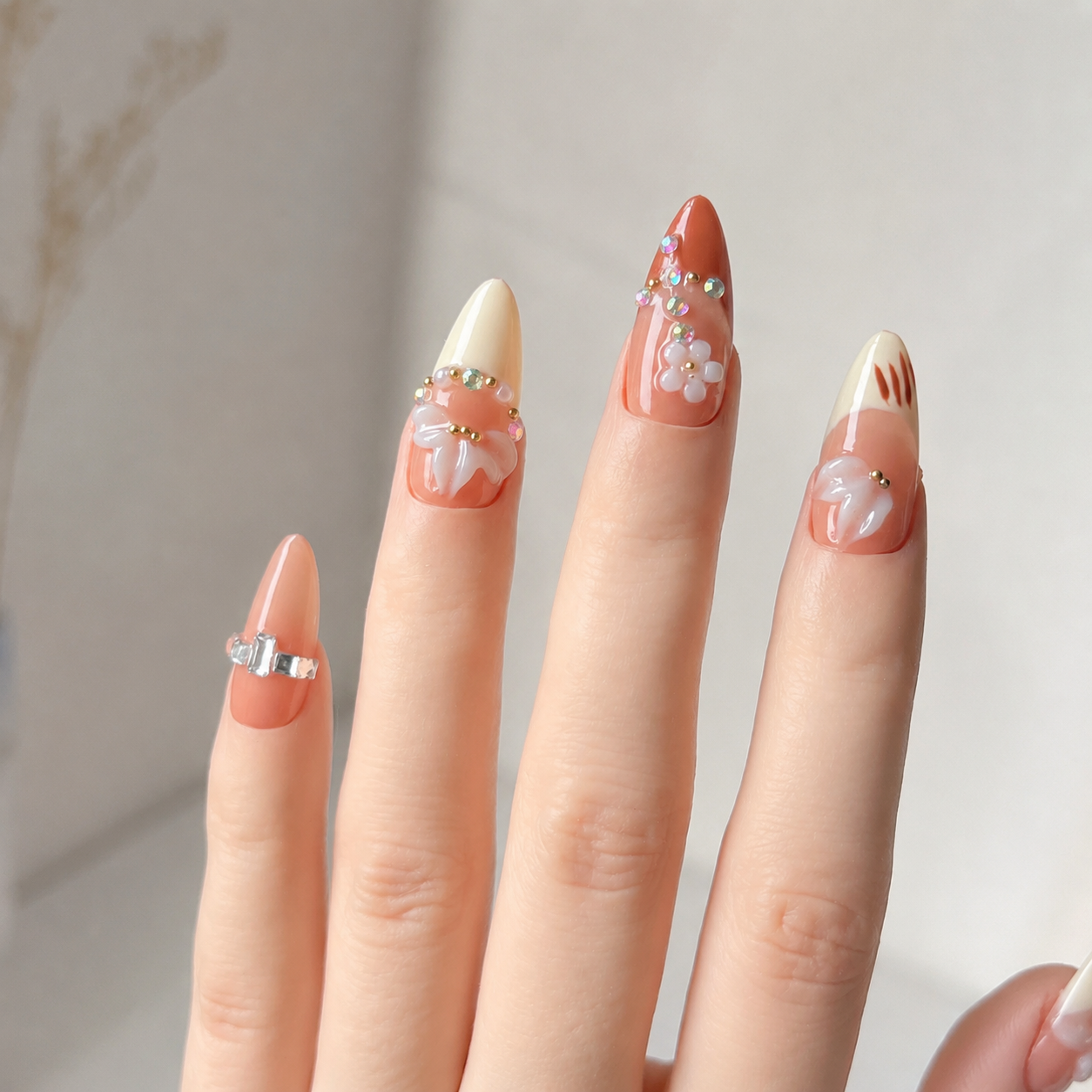 Handmade nude brown medium almond press on nails french tip fake nails with 3D floral design autumn brown-Nude Blossom A062