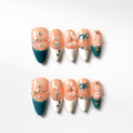 Handmade medium almond nude teal french press on nails 3D flower rhinestone nail set-Coral Breeze A059