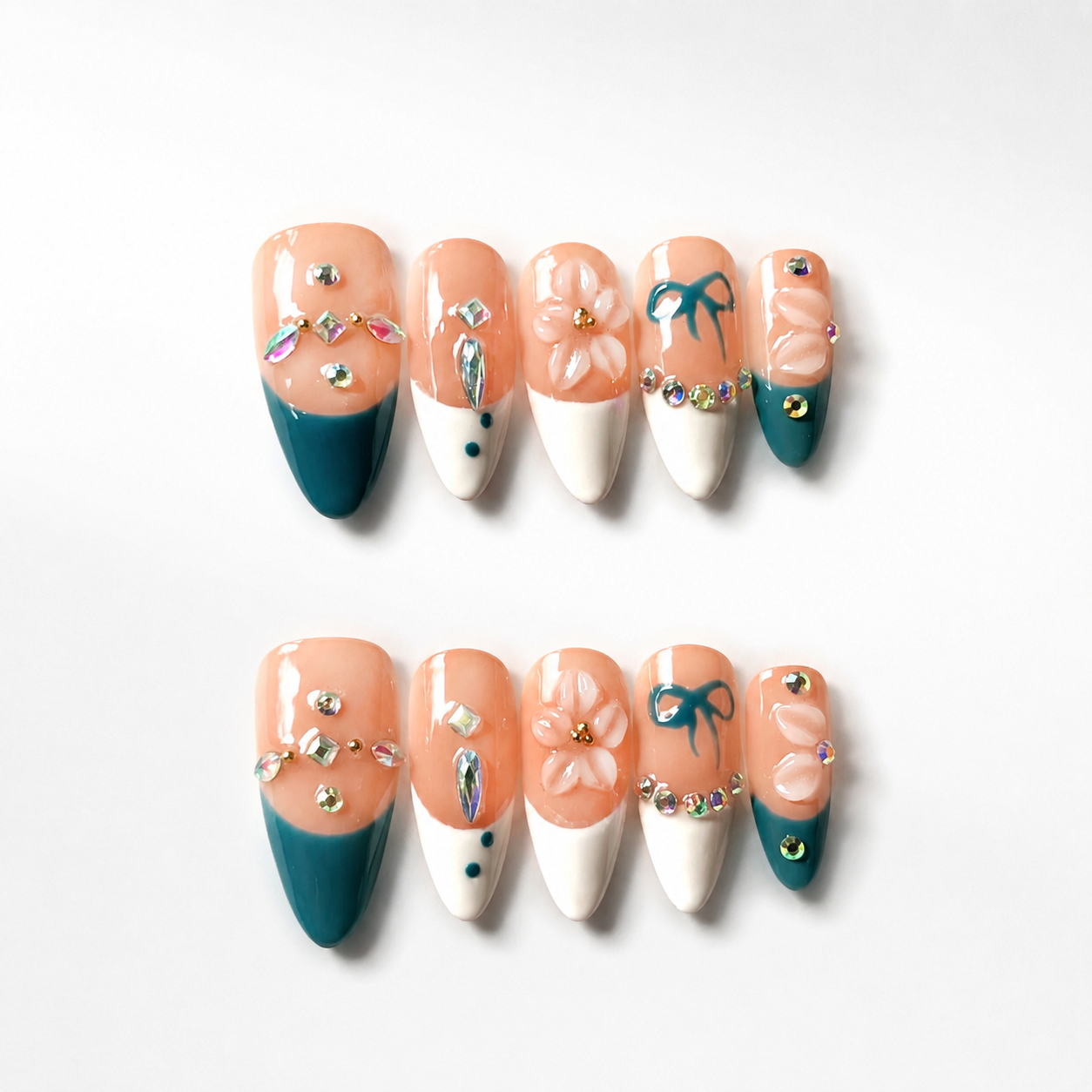 Handmade medium almond nude teal french press on nails 3D flower rhinestone nail set-Coral Breeze A059