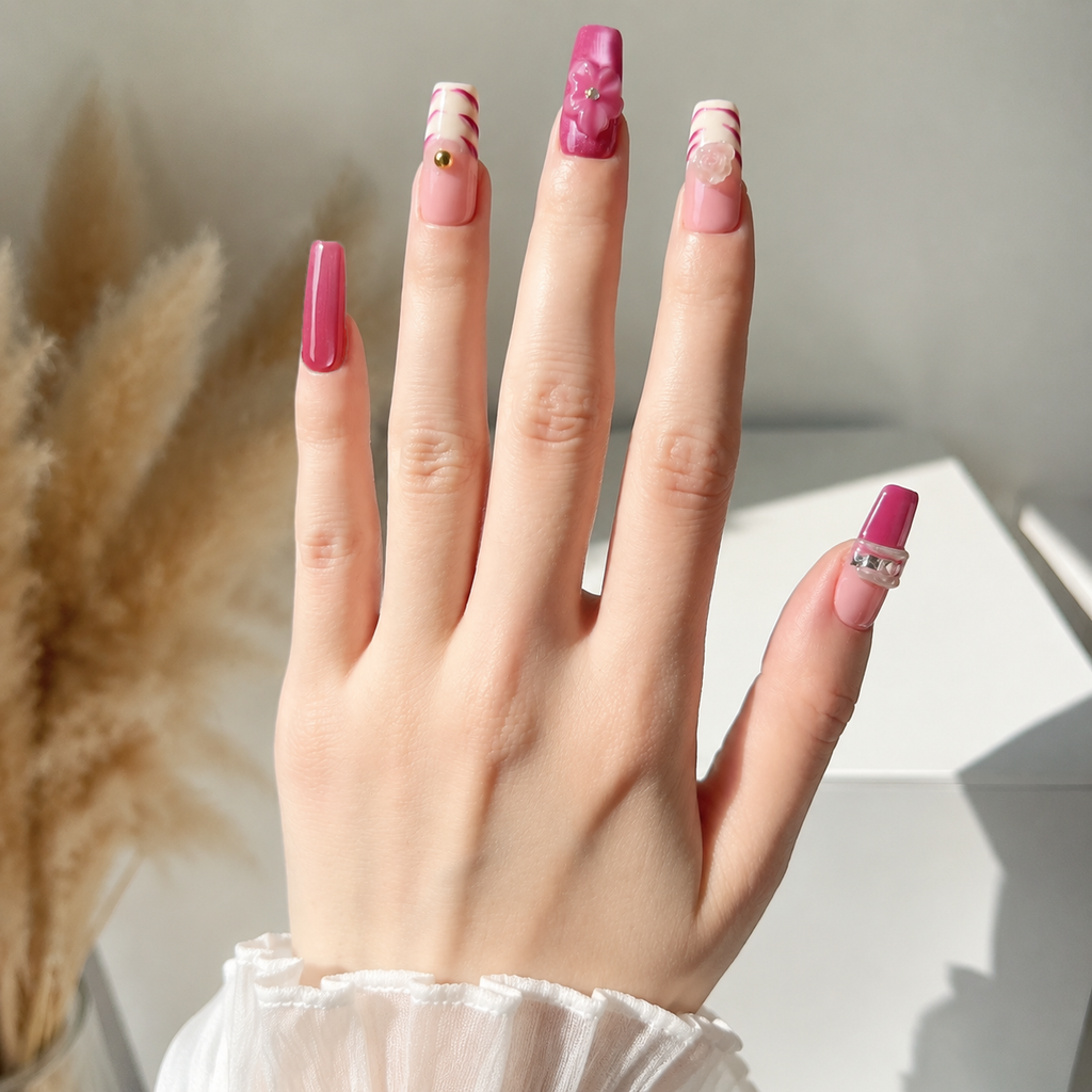Handmade medium coffin rose pink cat eye press on nails medium coffin french tip 3D flower-Berry Glow A057