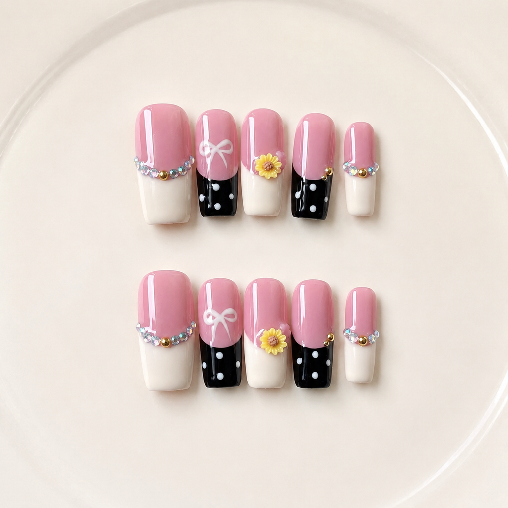 Handmade black pink french press on nails medium coffin 3D daisy flower bow polka dot-Pink Noir A061