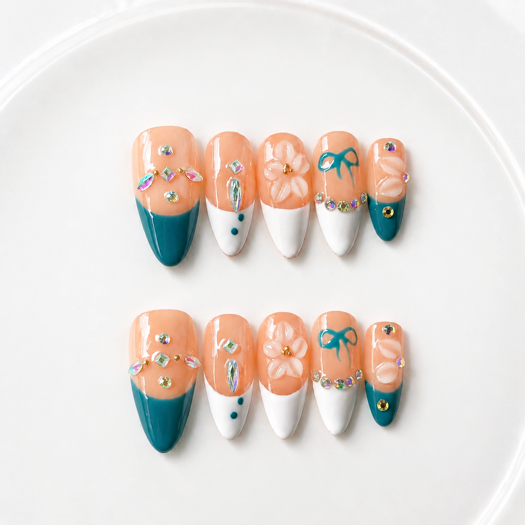 Handmade medium almond nude teal french press on nails 3D flower rhinestone nail set-Coral Breeze A059