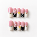 Handmade black pink french press on nails medium coffin 3D daisy flower bow polka dot-Pink Noir A061