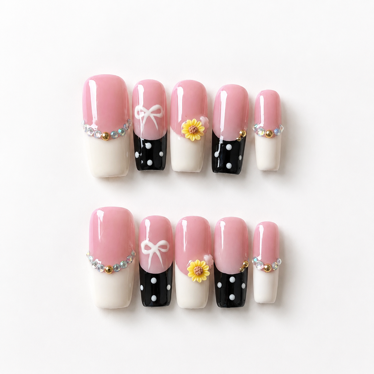 Handmade black pink french press on nails medium coffin 3D daisy flower bow polka dot-Pink Noir A061