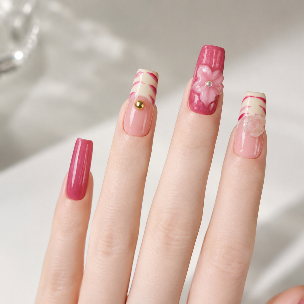 Handmade medium coffin rose pink cat eye press on nails medium coffin french tip 3D flower-Berry Glow A057