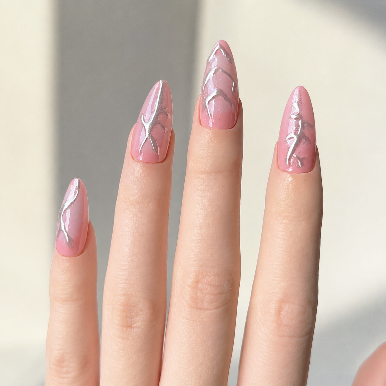 Handmade nude pink press on nails medium almond silver 3D embossed texture nail art glossy chrome accent nail set-Pink Chrome Vein A064
