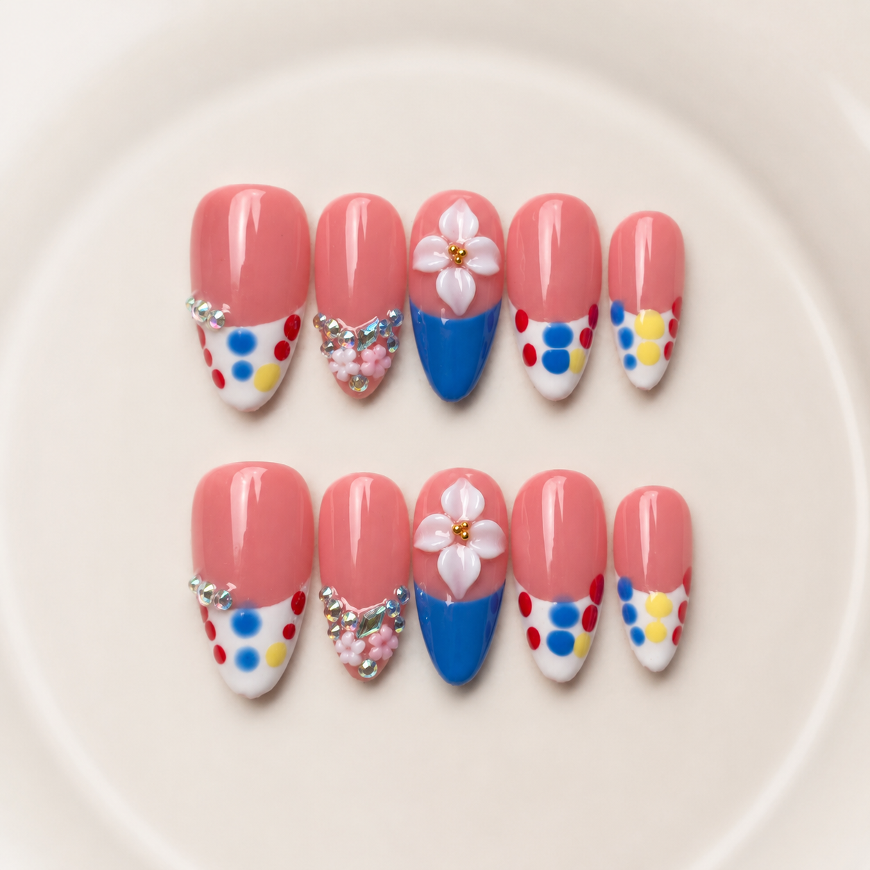 Handmade nude pink press on nails medium almond hand-painted french dots nail art color block abstract tip design rhinestone accent-Bubblegum Color A065