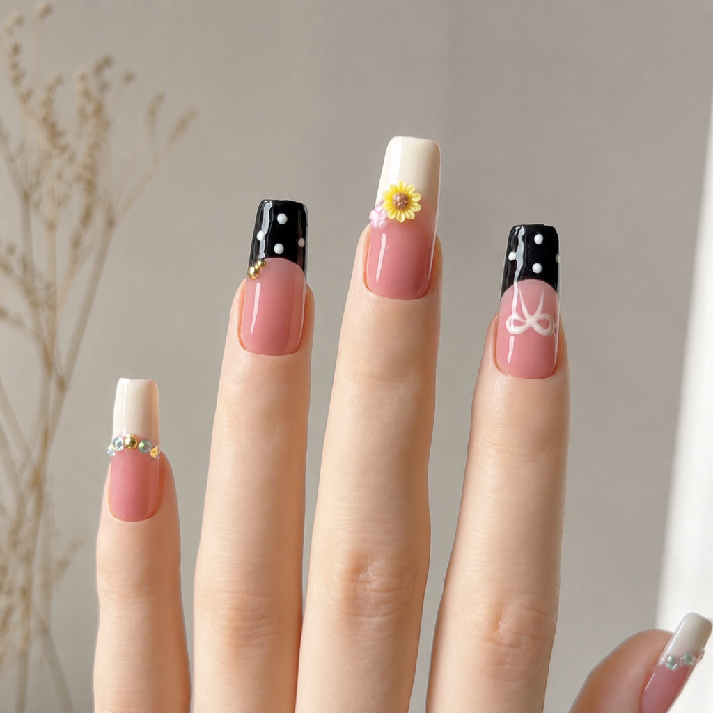 Handmade black pink french press on nails medium coffin 3D daisy flower bow polka dot-Pink Noir A061