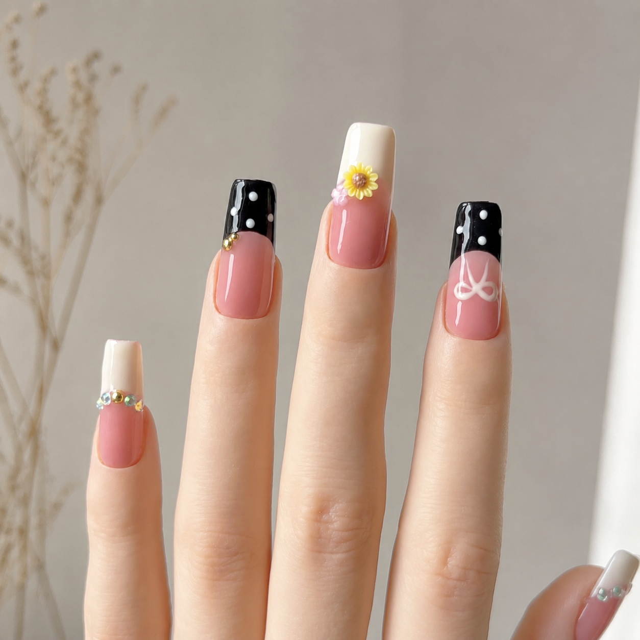 Handmade black pink french press on nails medium coffin 3D daisy flower bow polka dot-Pink Noir A061