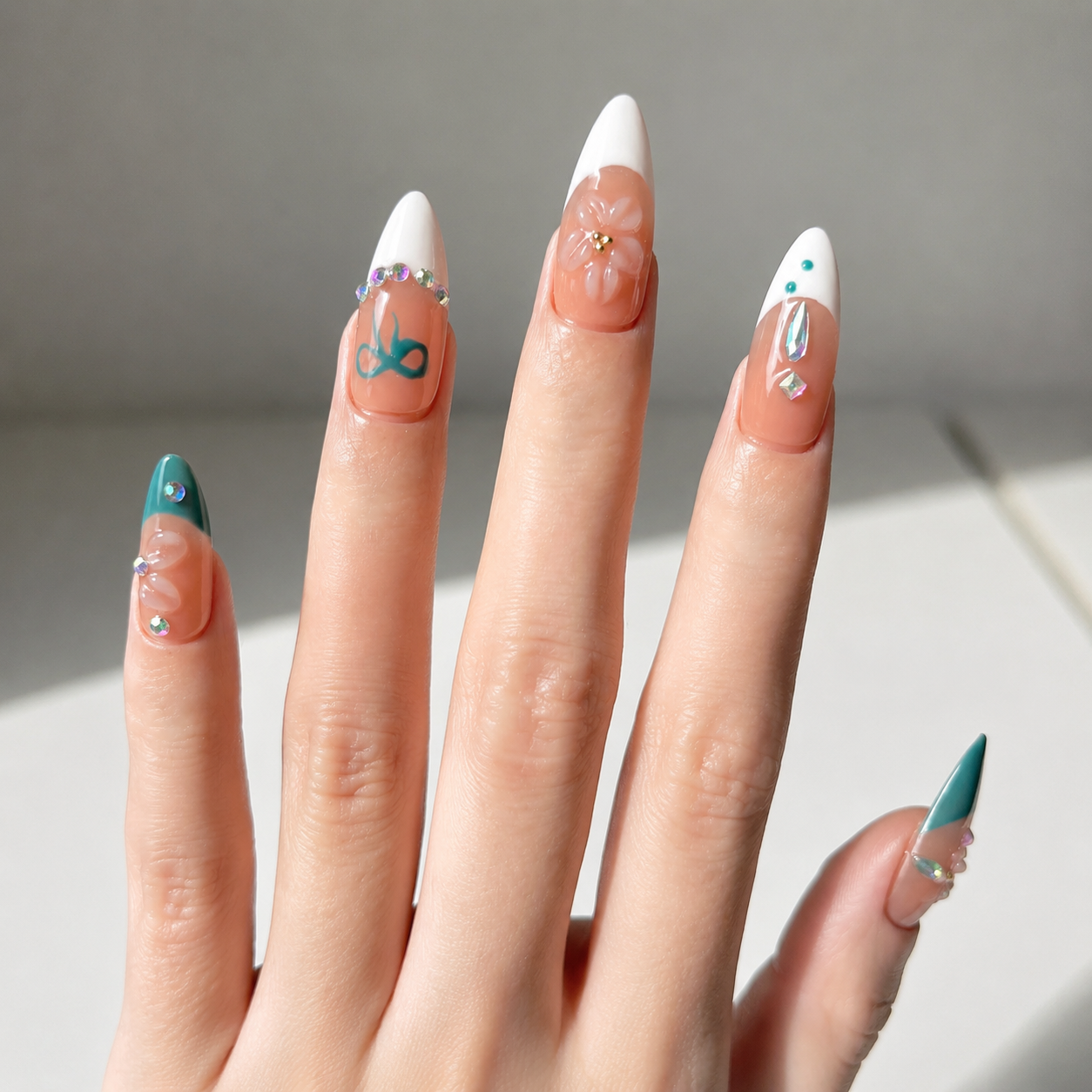 Handmade medium almond nude teal french press on nails 3D flower rhinestone nail set-Coral Breeze A059