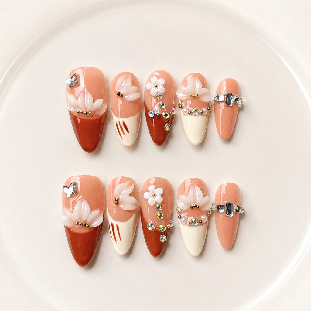 Handmade nude brown medium almond press on nails french tip fake nails with 3D floral design autumn brown-Nude Blossom A062