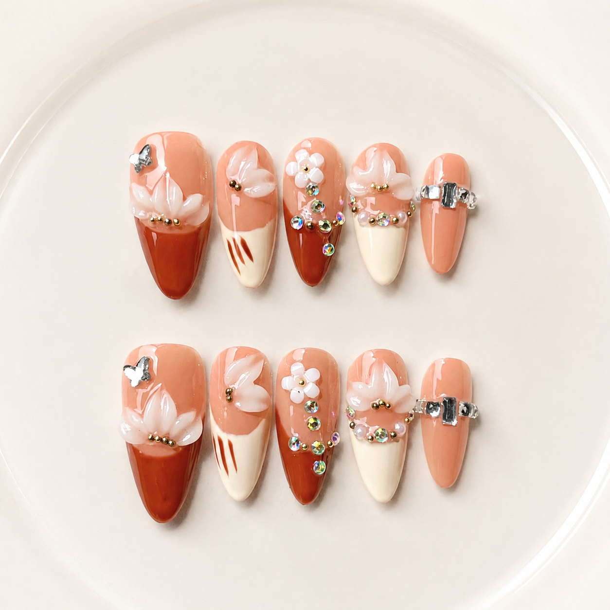 Handmade nude brown medium almond press on nails french tip fake nails with 3D floral design autumn brown-Nude Blossom A062