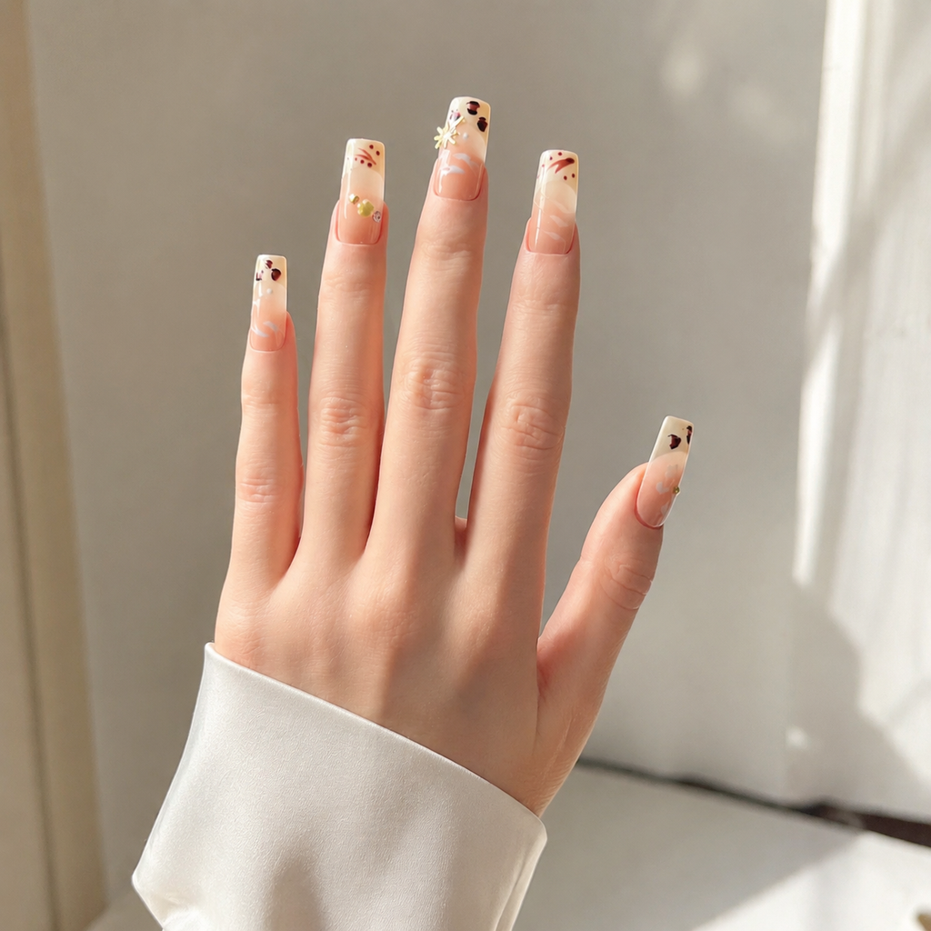 Handmade medium coffin nude leopard french press on nails 3D floral design-Wild Terra A058