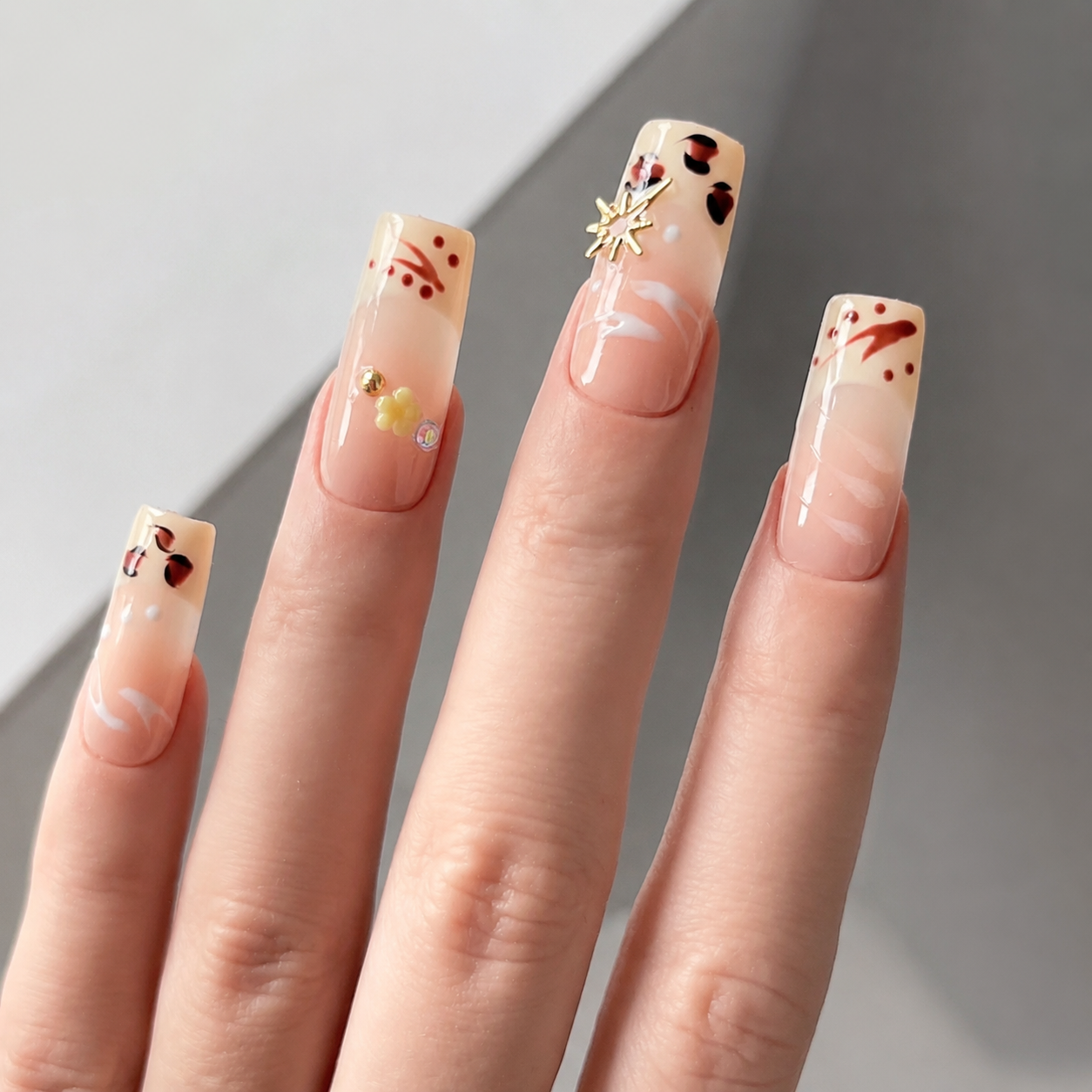 Handmade medium coffin nude leopard french press on nails 3D floral design-Wild Terra A058