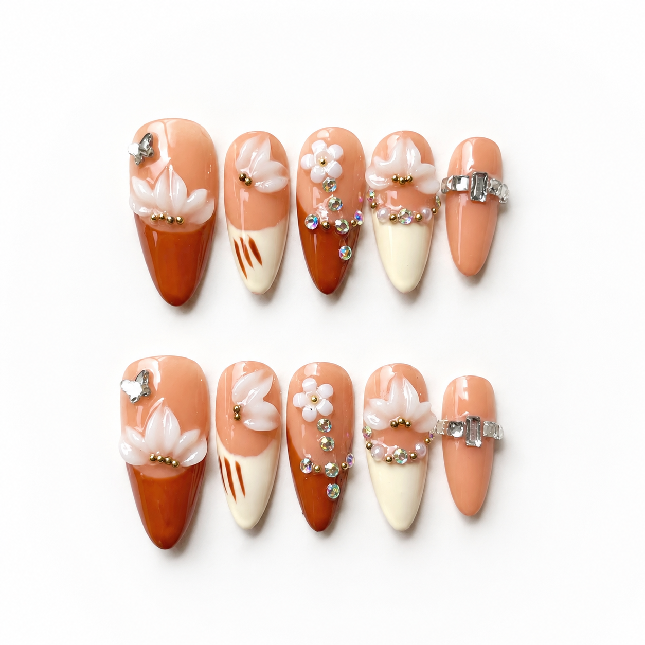 Handmade nude brown medium almond press on nails french tip fake nails with 3D floral design autumn brown-Nude Blossom A062