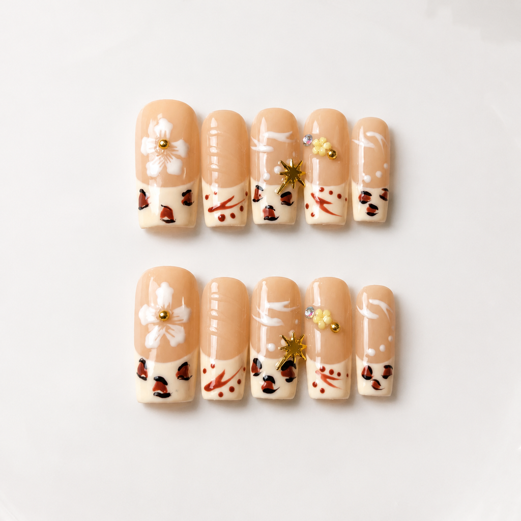 Handmade medium coffin nude leopard french press on nails 3D floral design-Wild Terra A058