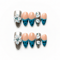 Handmade blue french tip press on nails medium almond 3D white flower rhinestone silver accent custom nail art-Ocean Dots A063