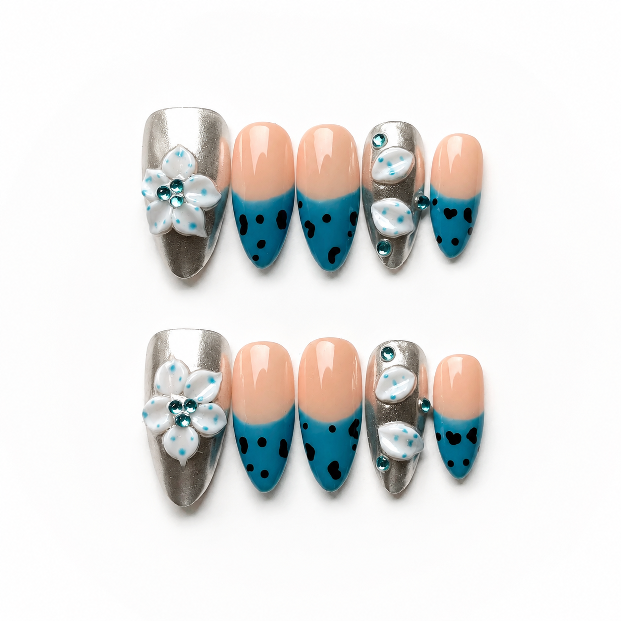 Handmade blue french tip press on nails medium almond 3D white flower rhinestone silver accent custom nail art-Ocean Dots A063