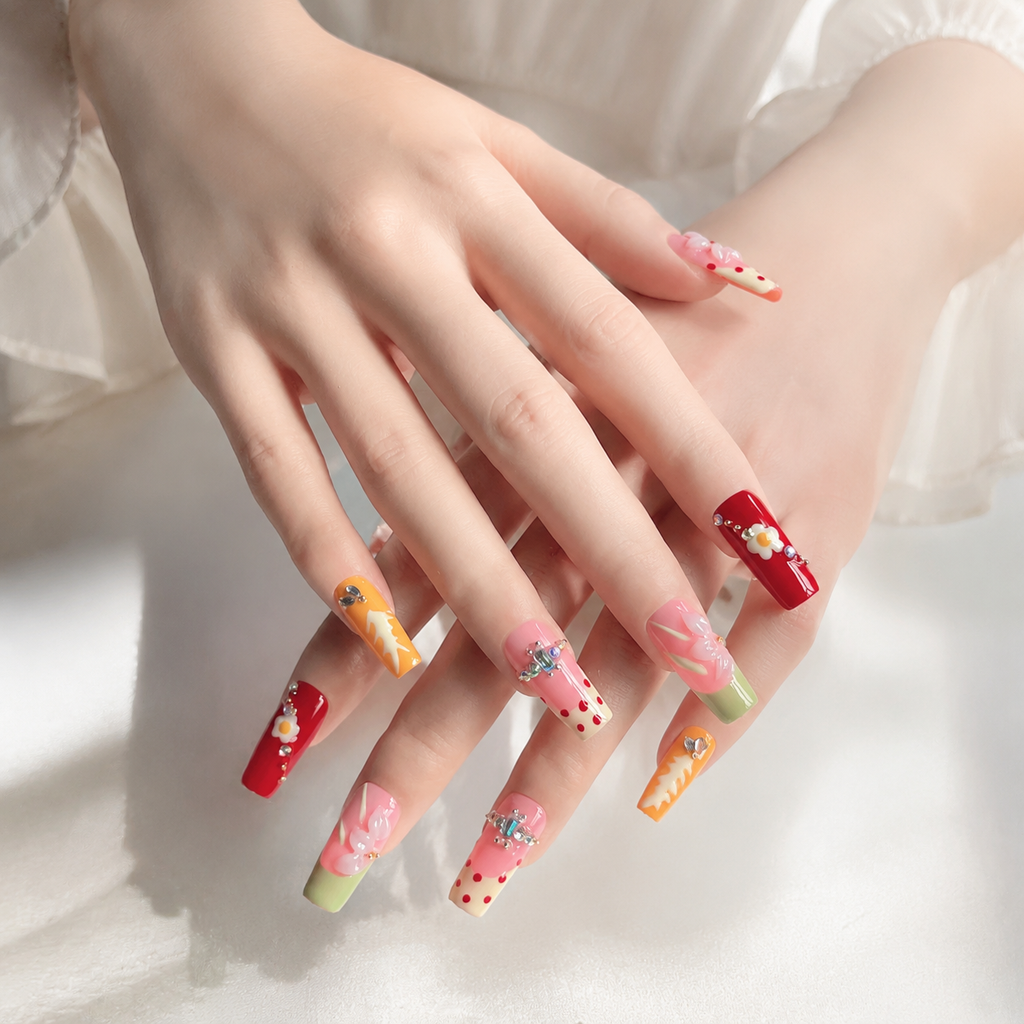 Handmade candy pop french graffiti press on nails 3D flower design medium coffin-Daisy Pop Art A060