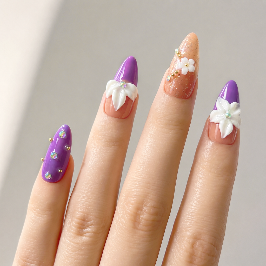 Handmade purple french tip 3D flower press on nails almond medium almond rhinestone nude set set-Soft Violet A066