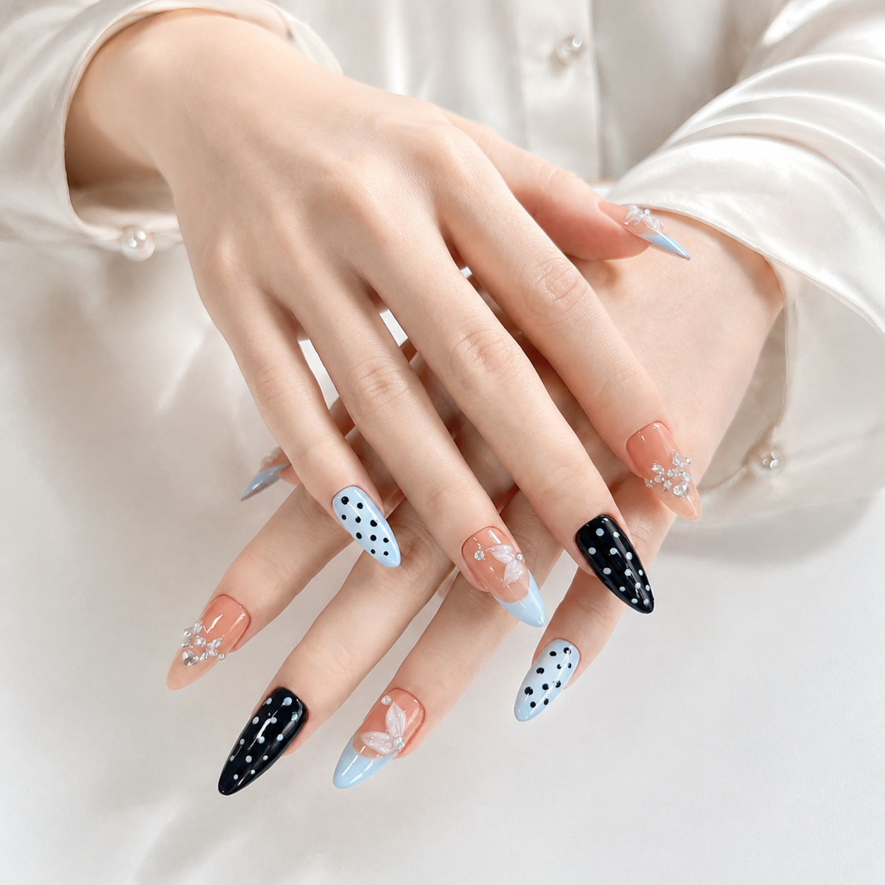Handmade Press On Nails Medium Almond Nude Base with Blue French Tip & Polka Dot Accent 3D Floral Design Detail-Soft Color Dots A069