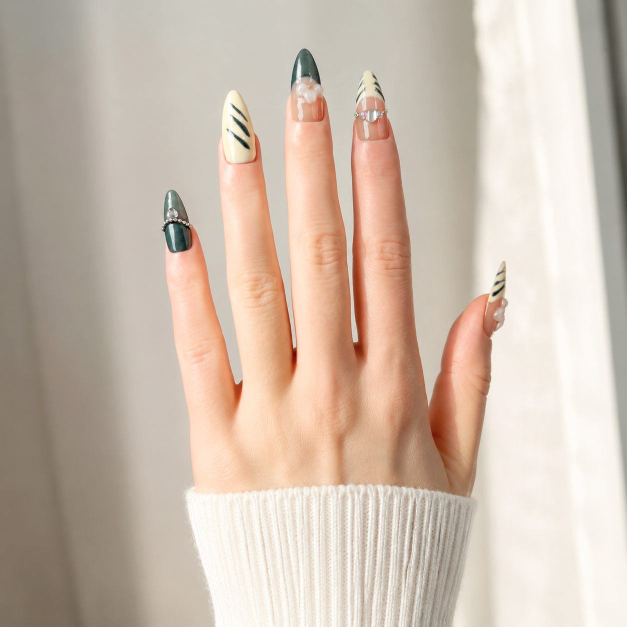 Handmade nails medium almond nude base with deep emerald green cat eye french tip 3D floral design chain detail-Forest Bloom A072