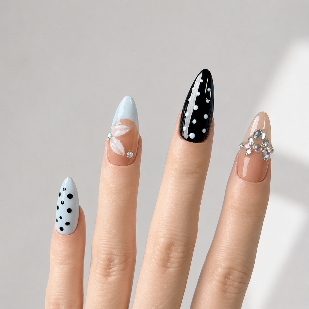 Handmade Press On Nails Medium Almond Nude Base with Blue French Tip & Polka Dot Accent 3D Floral Design Detail-Soft Color Dots A069