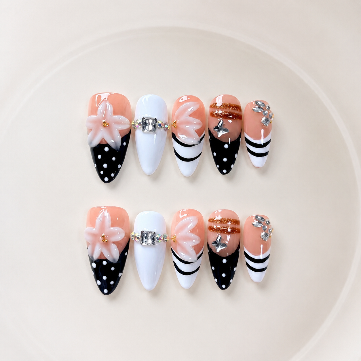 Handmade press on nails medium almond black & white french tip with polka dot accent 3D floral design gold detail & stripe line art-Soft Noir A068