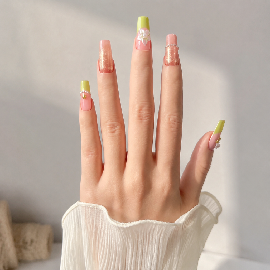 Handmade press on nails medium coffin Pink cat eye blush & lime green french tip 3D floral accent gold bead charm & glitter detail-Lime A067