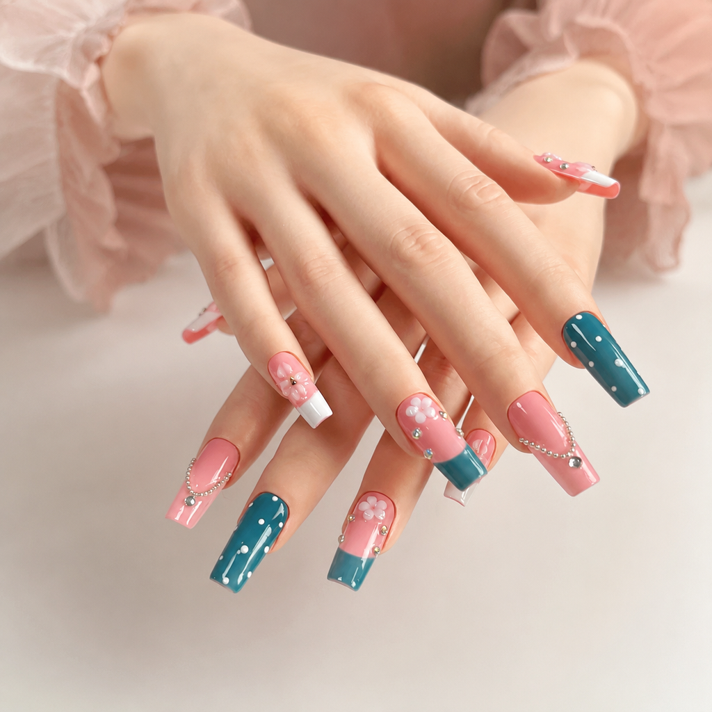 Handmade press on nails medium coffin nude pink base with blue polka dot accent 3D floral design-Coral Teal A071
