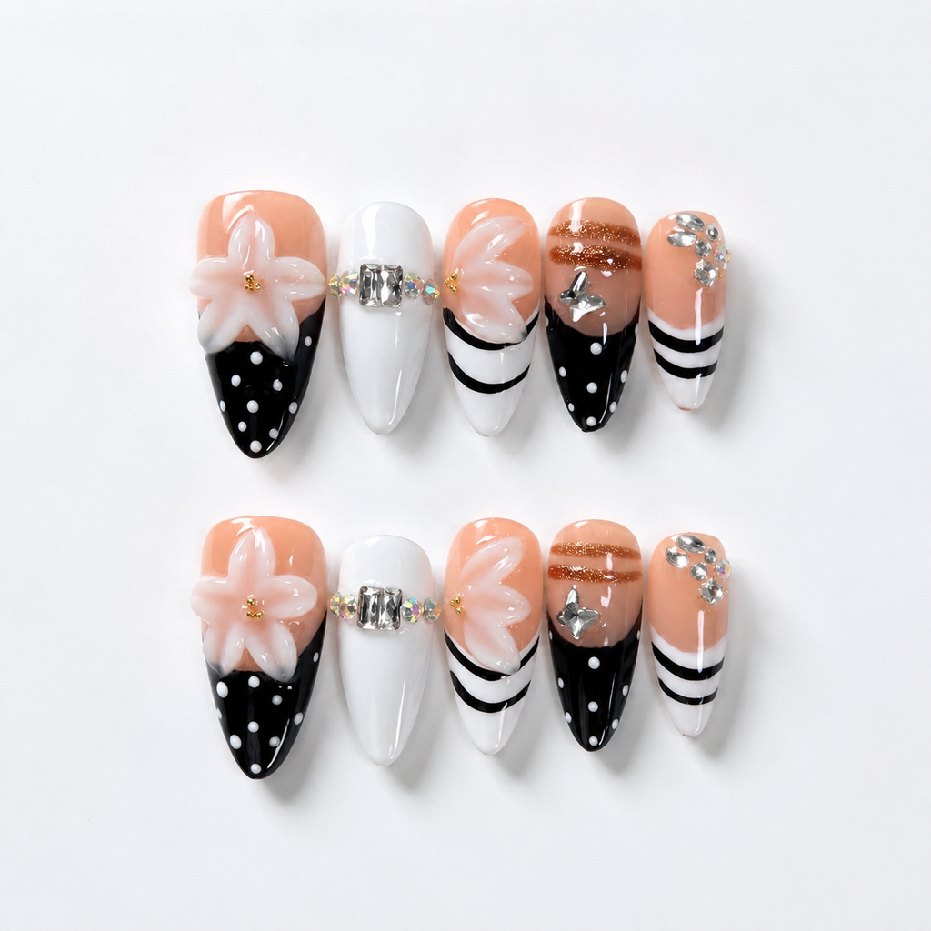 Handmade press on nails medium almond black & white french tip with polka dot accent 3D floral design gold detail & stripe line art-Soft Noir A068