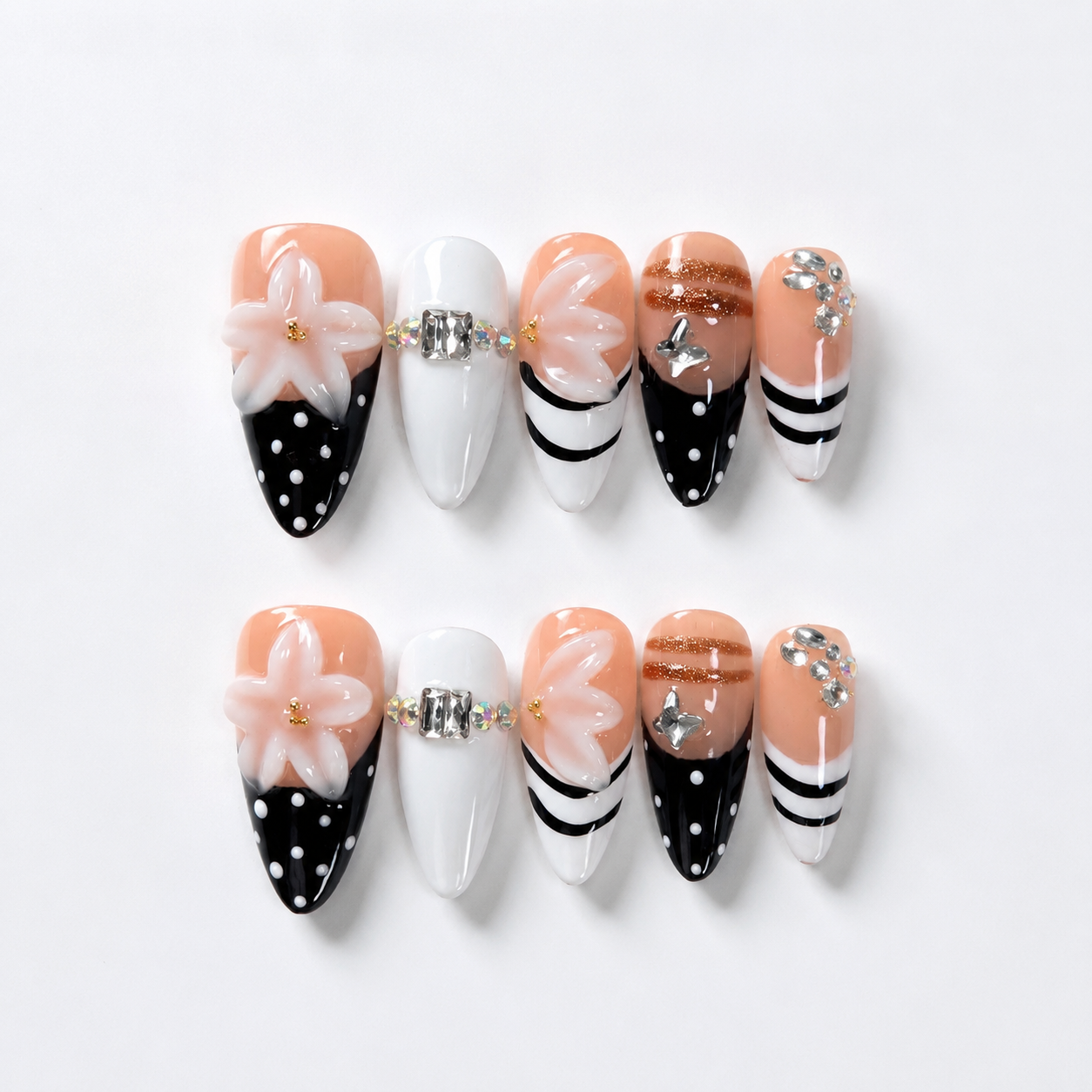 Handmade press on nails medium almond black & white french tip with polka dot accent 3D floral design gold detail & stripe line art-Soft Noir A068