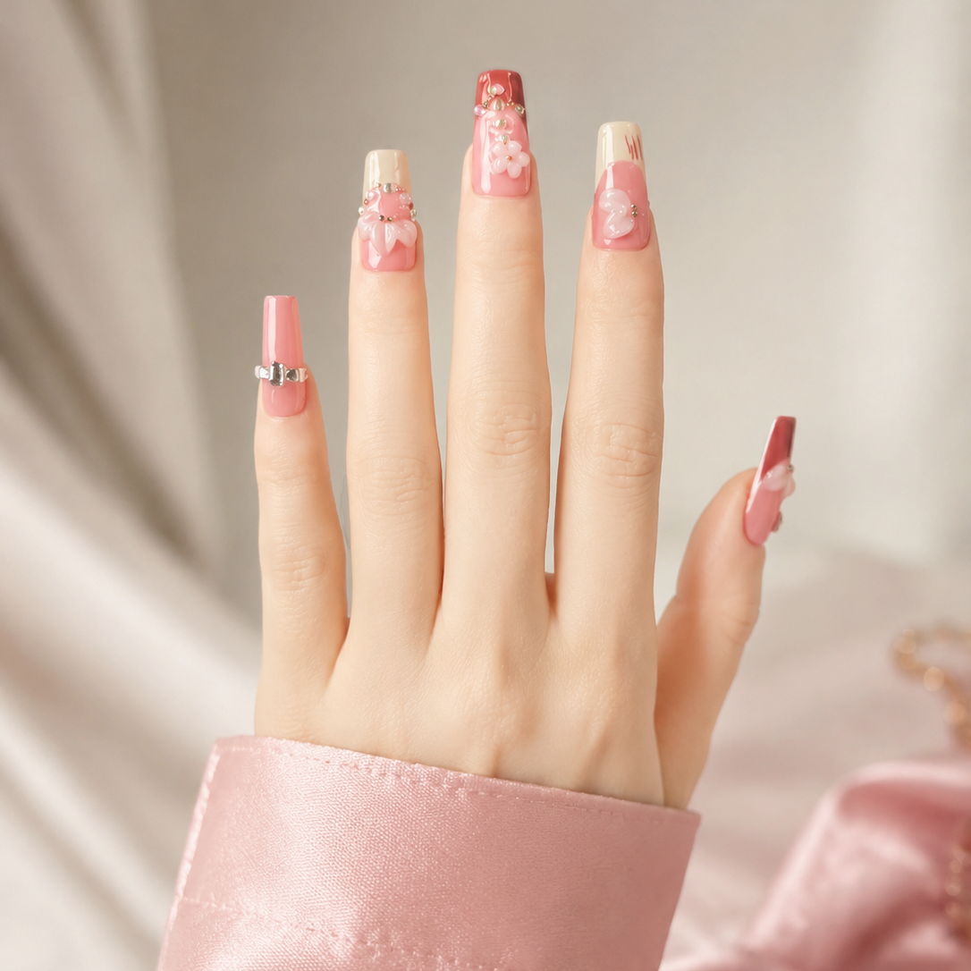 Handmade nude brown medium coffin press on nails french tip fake nails with 3D floral design autumn brown-Nude Blossom A070
