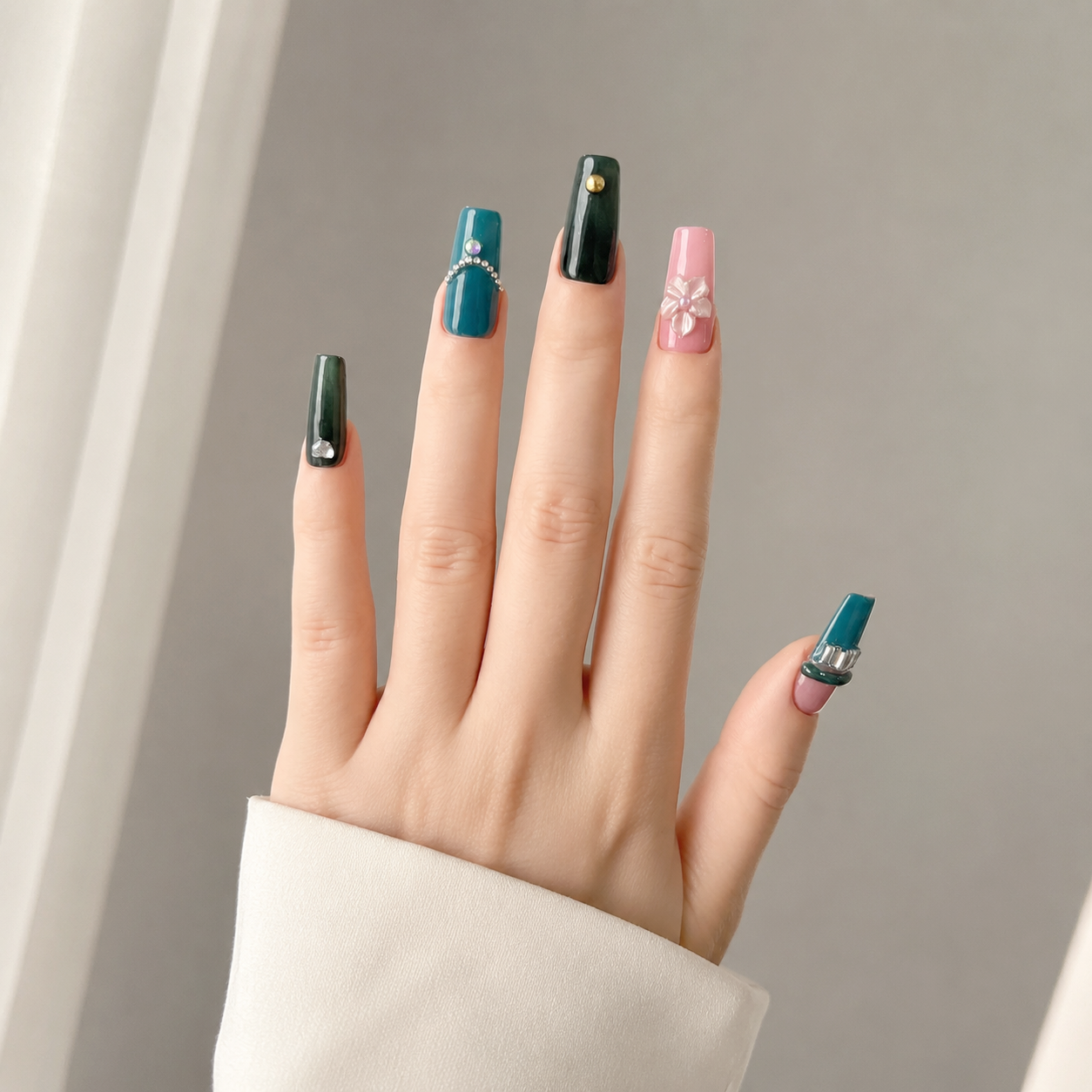Handmade nails medium coffin nude base with deep emerald green cat eye french tip 3D floral design chain detail-Coral Teal A073