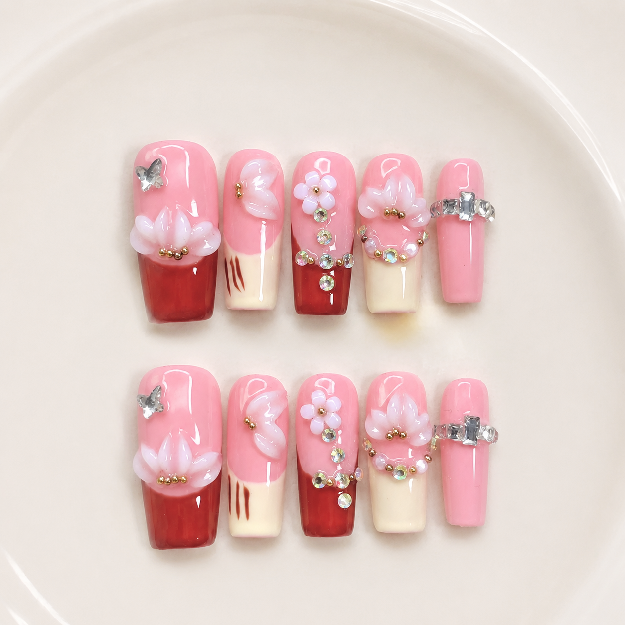 Handmade nude brown medium coffin press on nails french tip fake nails with 3D floral design autumn brown-Nude Blossom A070