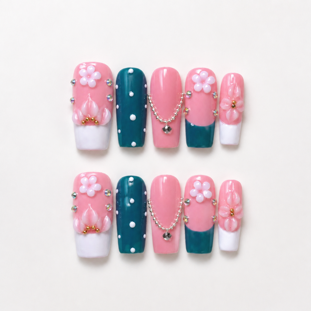 Handmade press on nails medium coffin nude pink base with blue polka dot accent 3D floral design-Coral Teal A071
