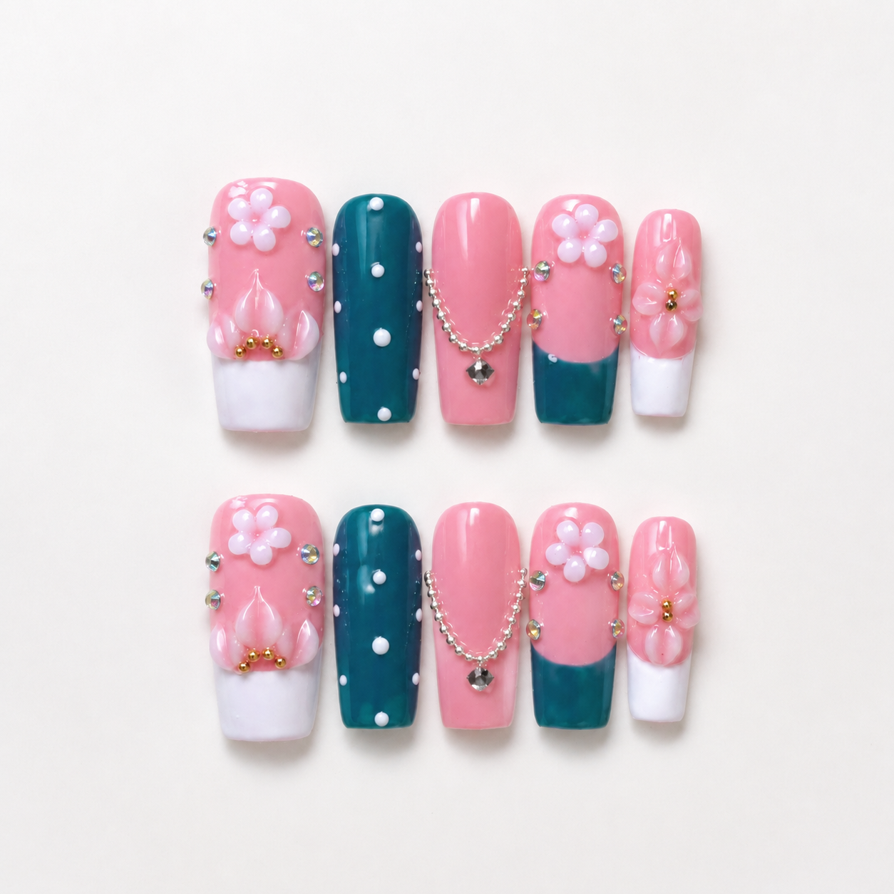 Handmade press on nails medium coffin nude pink base with blue polka dot accent 3D floral design-Coral Teal A071