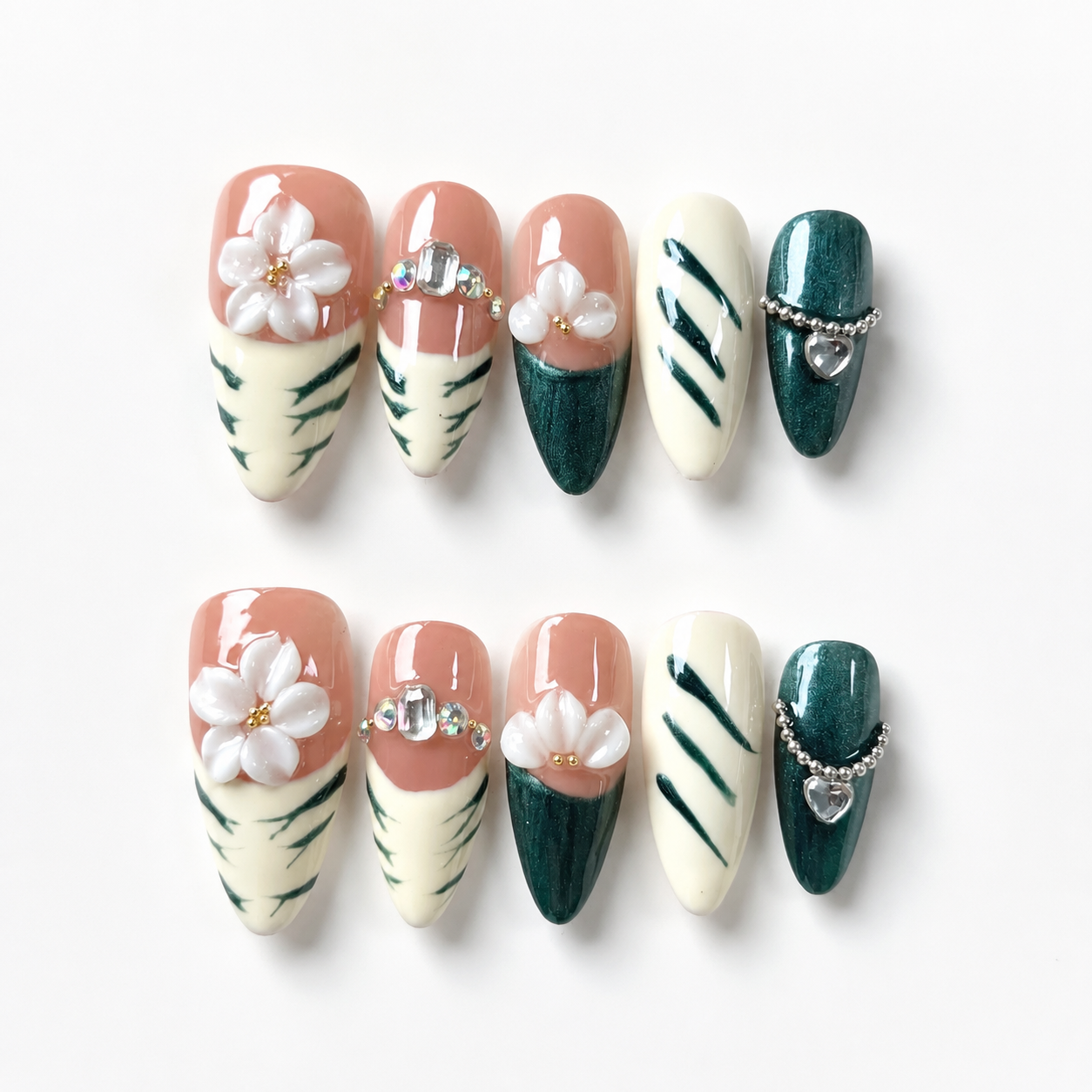 Handmade nails medium almond nude base with deep emerald green cat eye french tip 3D floral design chain detail-Forest Bloom A072