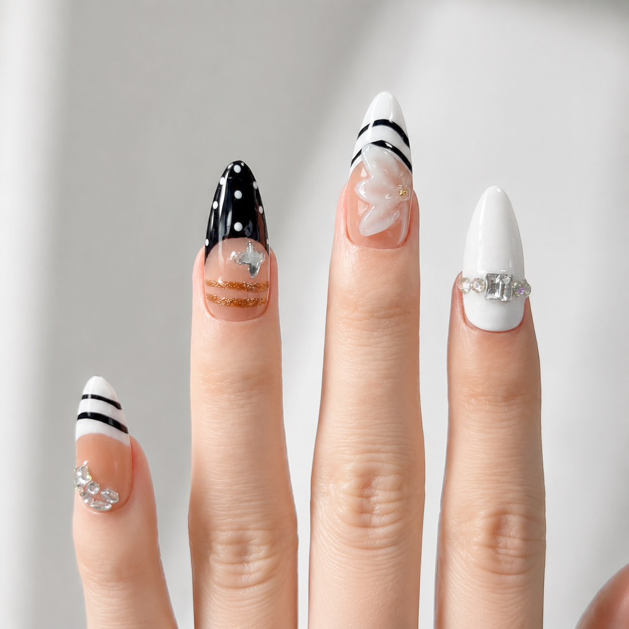 Handmade press on nails medium almond black & white french tip with polka dot accent 3D floral design gold detail & stripe line art-Soft Noir A068